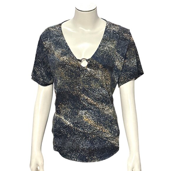 Adrienne Vittadini Metallic Ring Detail Short Sleeve Top In Abstract Print XL - Picture 2 of 12
